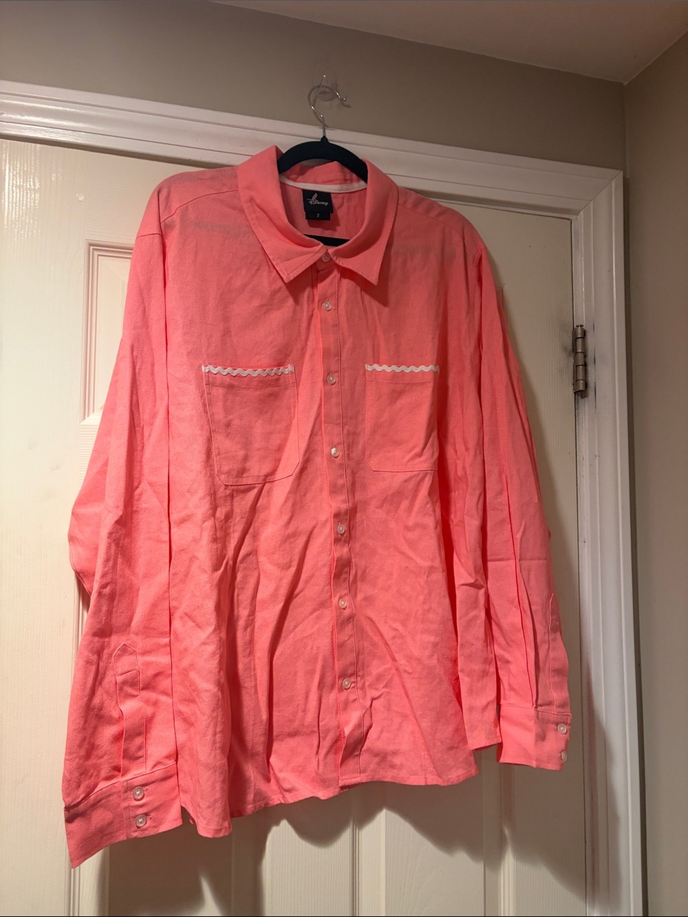 NWOT Disney Long-Sleeve Button-Up Shirt with Rick Rack Detail in Coral 2X